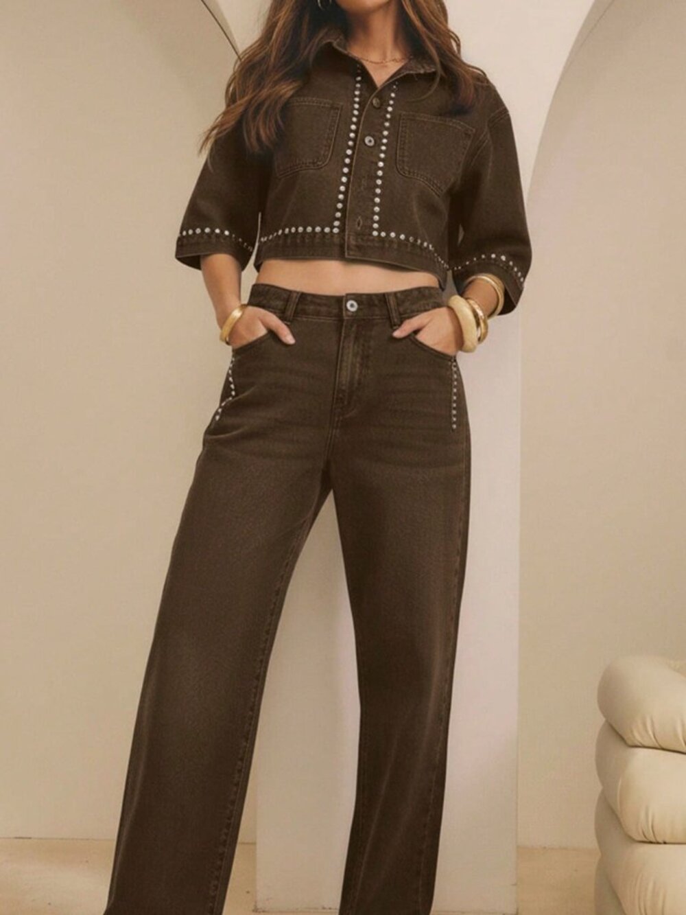 Chocolate Brown Casual Women's Studded Button Front Short Sleeve Cropped Jacket - Picture 7 of 7